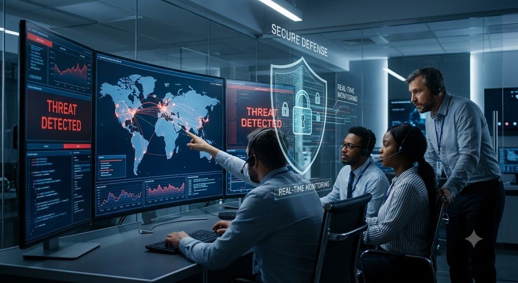 Security operations team monitoring threats on large screens