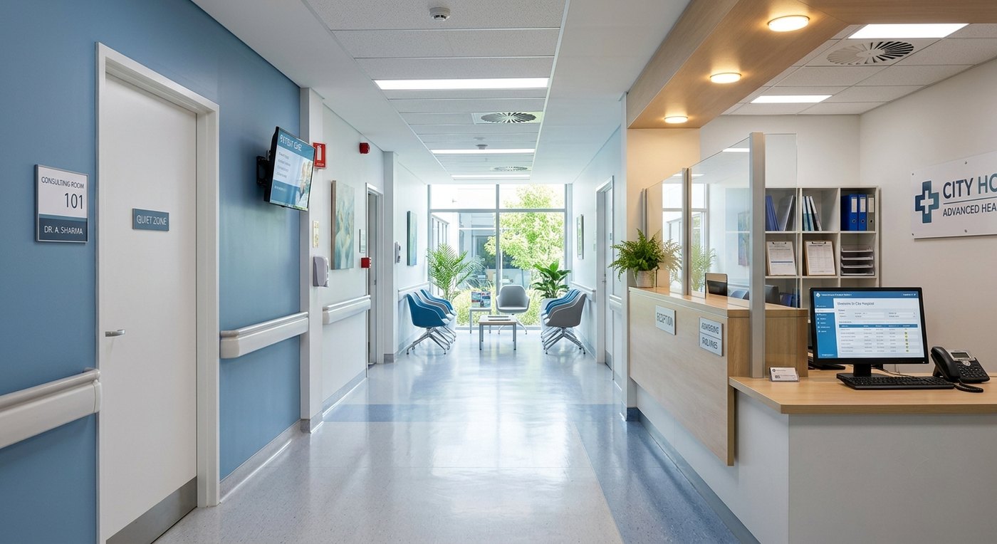 Healthcare & Pharmaceuticals: hospital reception and corridor