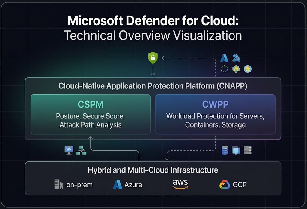 Microsoft Defender for Cloud technical overview: CNAPP combining CSPM and CWPP across on-premises, Azure, AWS and GCP
