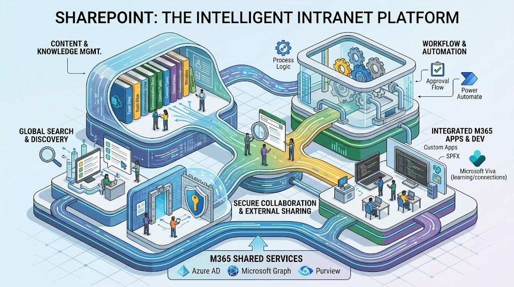 SharePoint as an intelligent intranet platform: content and knowledge management, workflow and automation, global search, secure collaboration and integrated Microsoft 365 apps
